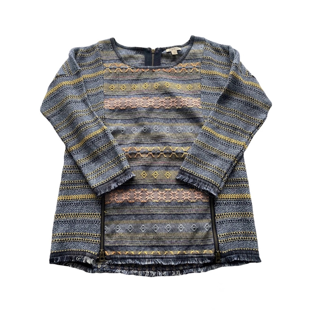 Lucky Brand Blue Tweed Aztec Fringe Boho Knit Sweater Women’s Small